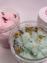 Load image into Gallery viewer, Your Glam Secret’s “Relax” luxurious bath salt and body scrub. Lavender and Lemongrass sugar salt scrub  drenched with coconut oil sweet almond and chamomile petals. Nourishing vitamin E to hydrate and protect while gently exfoliating.
